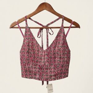 NWT Free People Pink & Green Print Halter Crop Top | Tie-Back | Size S